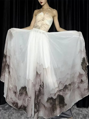Floating Light – Chinese Watercolor Maxi Skirt with Dramatic Full Hem - Yandan_Hanfu