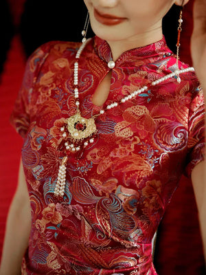 Yue Xi – Red Embroidered Jacquard Qipao for Wedding, Engagement & Tea Ceremony - Yandan_Hanfu