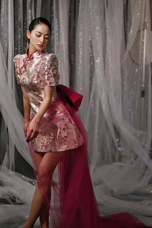 "Little Meixue" Short Bow Cheongsam Bridal Wedding Dress - Yandan_Hanfu