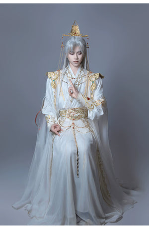 【Radiance of the Dragon】 White Hanfu Ensemble with Cross-Collar, Clouded Shoulders & Embroidered Seal men Unisex - Yandan_Hanfu