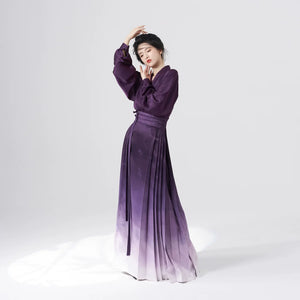Ming style Hanfu aircraft sleeve top, dark purple gradient horse face skirt - Yandan_Hanfu