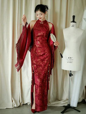 "Jubilee Bell" Red Cheongsam Shawl Bridal Toast Engagement Dress - Yandan_Hanfu