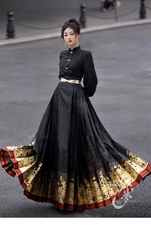 Black&Blue Modern Hanfu | 6-meter-high daily Hanfu suit slimming and long horse-mamian skirt - Yandan_Hanfu