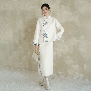 100% Wool Double-Faced Modern Chinese Women's Set – Printed Jacket with Matching Skirt, Minimalist Luxury Style - Yandan_Hanfu