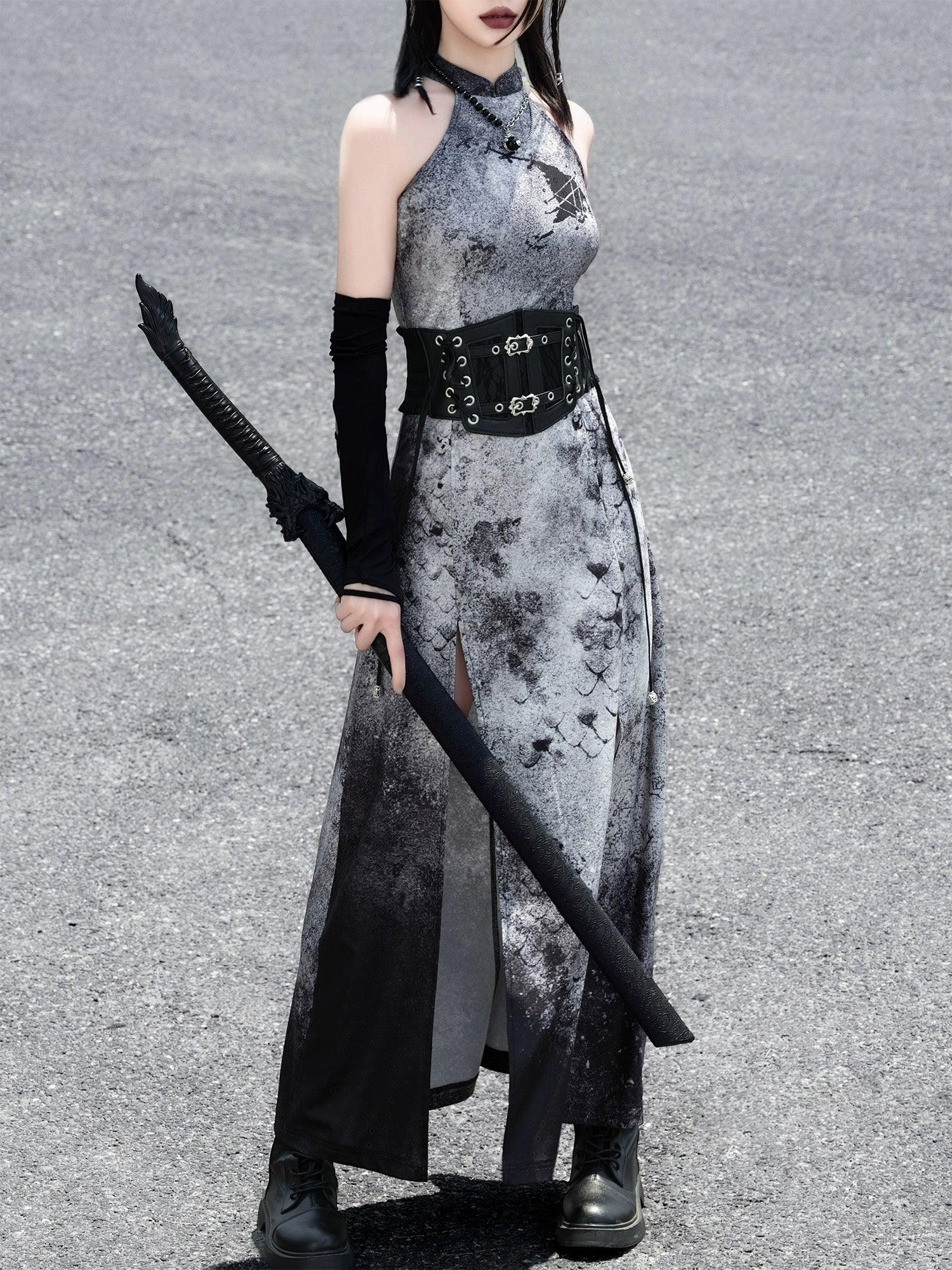 蛇魅 · Wasteland Gray Cheongsam – Split Hem, Off-Shoulder, New Chinese Style - Yandan_Hanfu