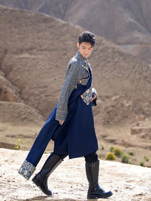 Blue Tibetan Men's Robe – Traditional Winter Coat with Ethnic Style and Modern Elegance - Yandan_Hanfu