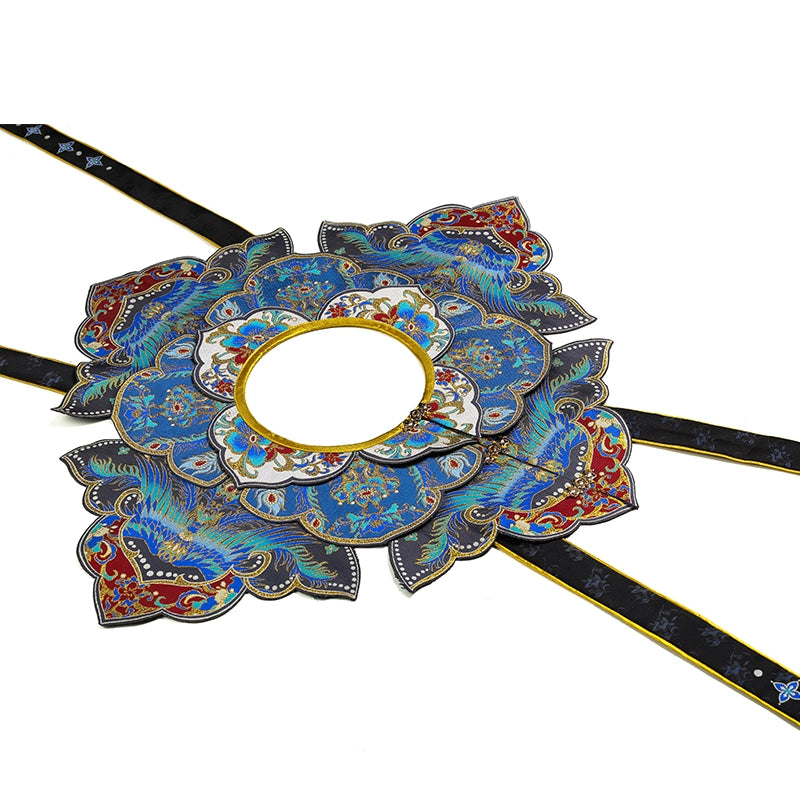 Blue and red embroidered shoulder collar from 2025 Chinese graduation Hanfu set, featuring phoenix motifs and cross straps.