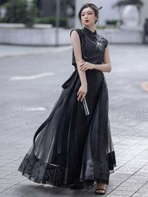 Oriental Grace – Hanfu-Inspired Set | Embroidered Bamboo Tassel Vest with Qipao Collar Top & Mamian Skirt - Yandan_Hanfu