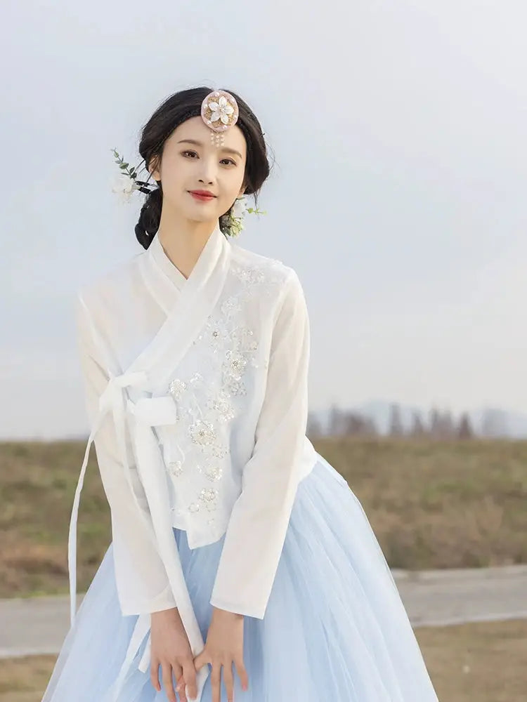 Modern Blue Hanbok Set – Spring/Summer Korean Outfit for Daily Wear & Work