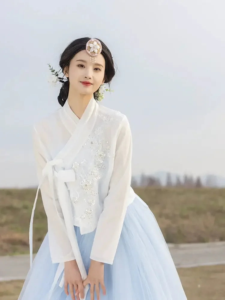 Modern Blue Hanbok Set – Spring/Summer Korean Outfit for Daily Wear & Work - Yandan_Hanfu