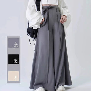 Tied Harmony – Unisex Wide-Leg Pants | New Chinese Style High-Waist Pleated Trousers with Belted Design - Yandan_Hanfu