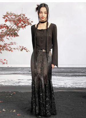 Dark fishtail skirt splicing sequined feather satin skirt - Yandan_Hanfu