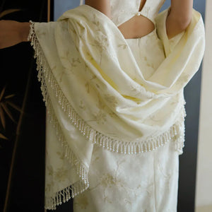 "Qianzhi" white embroidered shawl showing thin backless cheongsam bride wedding dress toast engagement - Yandan_Hanfu