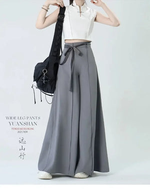 Tied Harmony – Unisex Wide-Leg Pants | New Chinese Style High-Waist Pleated Trousers with Belted Design - Yandan_Hanfu