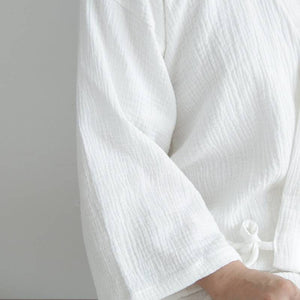 Sleeve and waist tie detail of Chinese style pure white Hanfu cotton robe, perfect for relaxed homewear or pajamas.