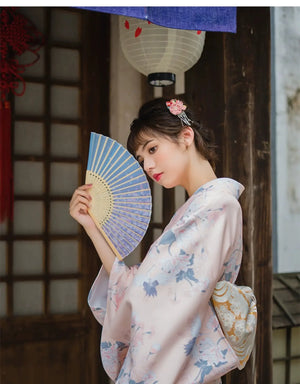 Orange pink crane, women's Japanese kimono yukata, gentle literary and retro Japanese improved kimono - Yandan_Hanfu