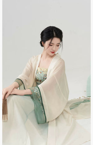 Walking Through Green Hills – Tang-Inspired Hanfu Dress Set with Camisole Gown and Overlap Blouse - Yandan_Hanfu