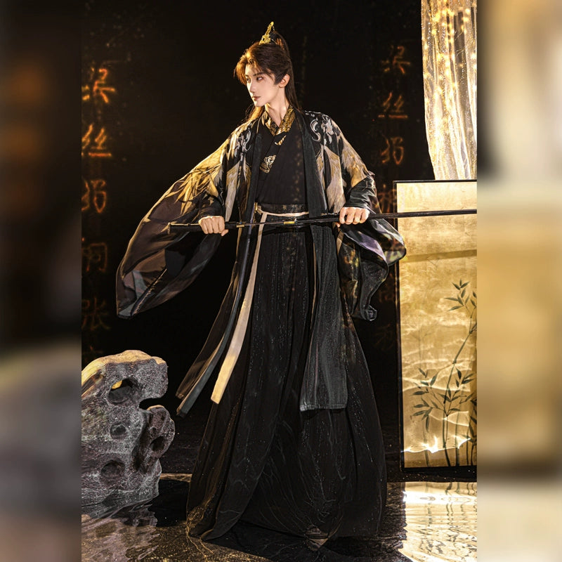 Black&Gold Tang-Style Hanfu Couple Set – Traditional Chinese Outfit with Wide-Sleeve Robe & Printed Hezi Skirt