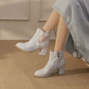 Pearl-Embellished Lift Boots – Modern Oriental Short Ankle Boots for Hanfu & Qipao - Yandan_Hanfu