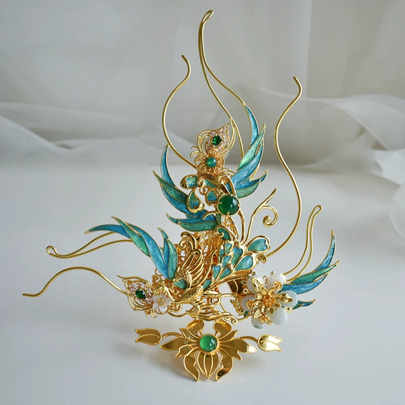 Song of the Peacock Plume – Gold-Plated Hanfu Headdress Set with Tassels & Crown Ornament