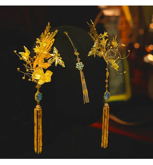 Bride's New Chinese-style gold delicate embellishment fringed eyebrow pendant dragonfly hairpin cheongsam engagement hair accessories - Yandan_Hanfu
