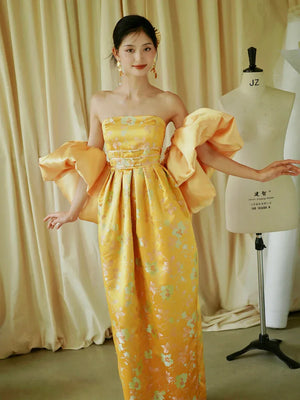 "Yunjing" yellow jacquard pregnant woman cheongsam bride toast dress - Yandan_Hanfu