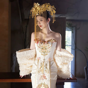 Elegant Toast Dress – Modern Chinese Gown with Exquisite Embroidery for Engagement & Gala Events - Yandan_Hanfu
