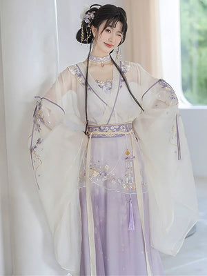 Iris Elegance – Violet Embroidered Hanfu Set with Flowing Nine-Panel Skirt | Wei-Jin Inspired - Yandan_Hanfu