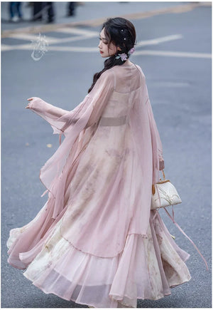 Pink Chinese style Han element dress big pendulum fish tail tattered sleeve fairy energy spring and summer suit - Yandan_Hanfu