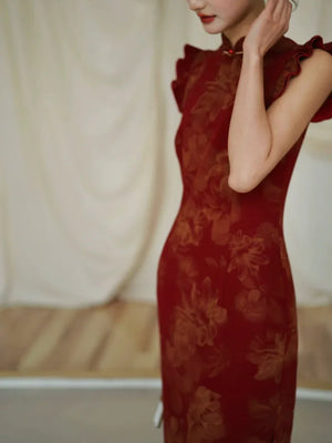 Lotus Step – Red Mermaid Qipao for Wedding, Engagement & Tea Ceremony - Yandan_Hanfu