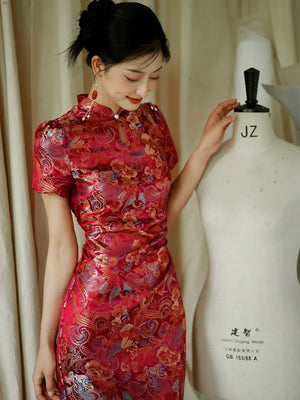 Yue Xi – Red Embroidered Jacquard Qipao for Wedding, Engagement & Tea Ceremony - Yandan_Hanfu