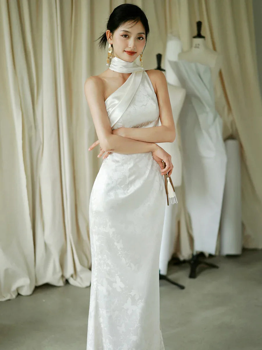 "Pianrou" White Jacquard Ribbon Morning Gown Knot Bridal Toast Dress Engagement Banquet Bar Mitzvah - Yandan_Hanfu