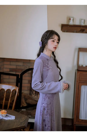 ''Falling Grace" Lace Qipao Cheongsam Dress & Faux Fur Jacket – Winter Collection - Yandan_Hanfu