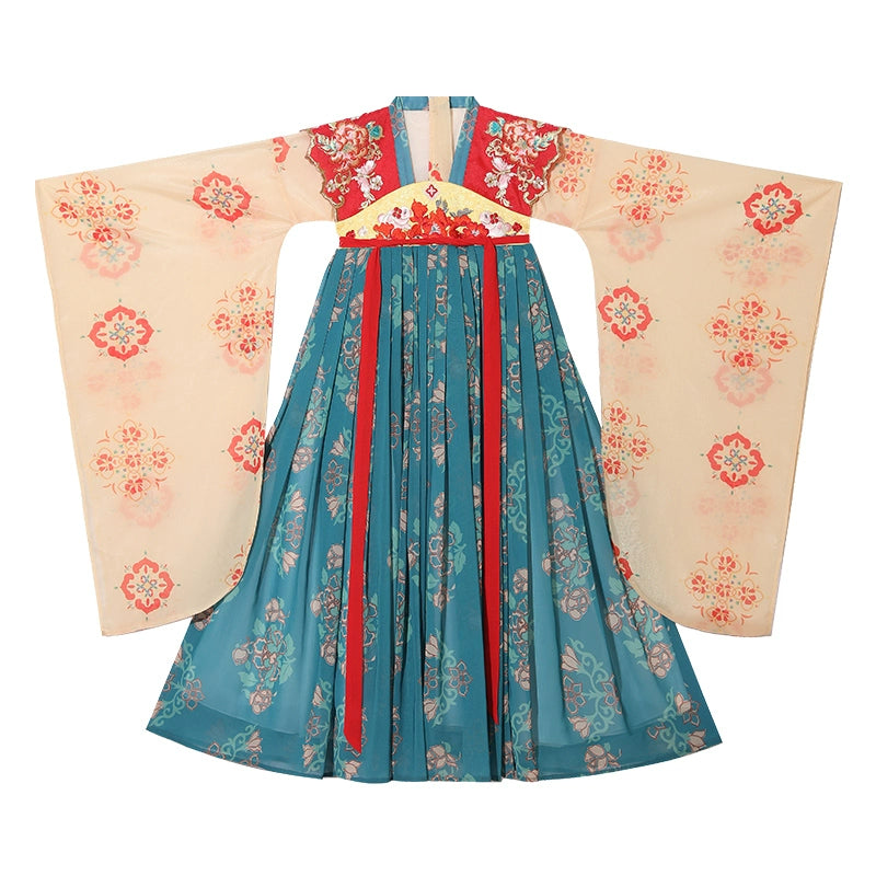Flat lay of Girls Ancient Hanfu Clothing in teal and beige with red floral embroidery, ideal for cultural dress-up and festivals.