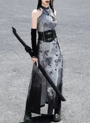 蛇魅 · Wasteland Gray Cheongsam – Split Hem, Off-Shoulder, New Chinese Style - Yandan_Hanfu