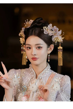 Blush Pink Chinese Bridal Hairpin Set – Handmade Floral Headpiece for Hanfu & Qipao Wedding Look - Yandan_Hanfu