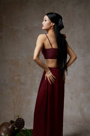 Elegant wine red tube top and pants set, flowing classical dance outfit