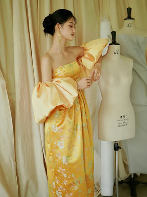 "Yunjing" yellow jacquard pregnant woman cheongsam bride toast dress - Yandan_Hanfu