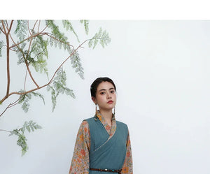 Qimeng – Tibetan-Inspired Women's Two-Piece Set | Cross-Collar Vintage Top & Long Skirt - Yandan_Hanfu