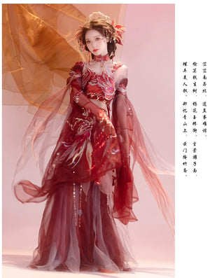 Red Hanfu female Dunhuang embroidery fairy spring and summer dress with sheer sleeves and poetic background text.