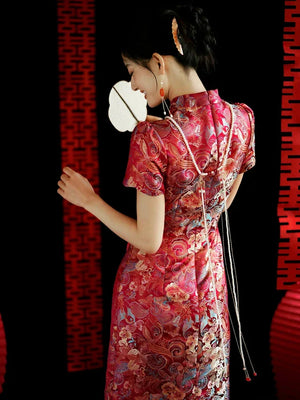 Yue Xi – Red Embroidered Jacquard Qipao for Wedding, Engagement & Tea Ceremony - Yandan_Hanfu