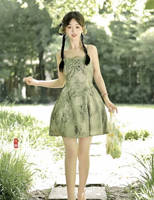 【Whisper of Bamboo】 Sweet Hanfu-Inspired Dress – Modern Chinese Style with Camisole Design - Yandan_Hanfu