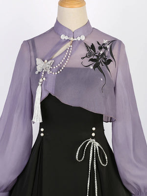 Iris ink butterfly girl exquisite fringed Han element sweet purple cheongsam fairy dress - Yandan_Hanfu