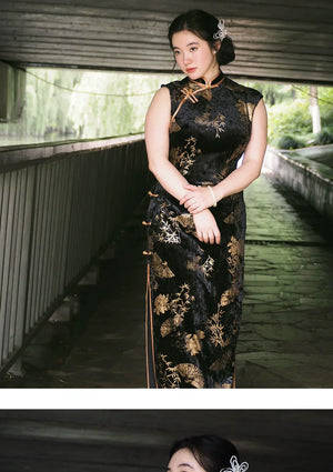 Plus Size Sleeveless Qipao – New Chinese Style Vintage-Inspired Gold Foil Cheongsam for Women - Yandan_Hanfu
