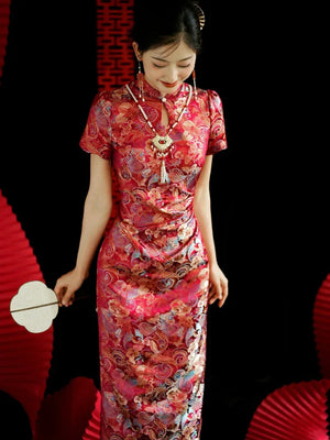 Yue Xi – Red Embroidered Jacquard Qipao for Wedding, Engagement & Tea Ceremony - Yandan_Hanfu