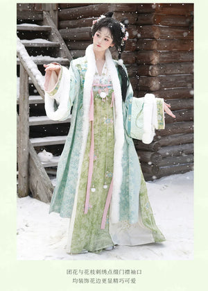 Verdant Atelier – Winter Tang-Style Hanfu Set with Cloak, Cross-Collar Top & Qi-Chest Skirt - Yandan_Hanfu
