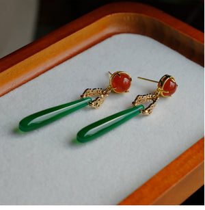 Antique green agate water drop earrings New Chinese style high-end cheongsam Hanfu earring - Yandan_Hanfu