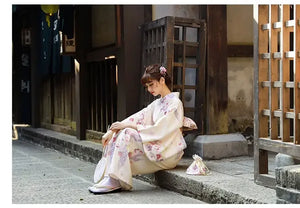 Cherry blossom season fresh and elegant beige Japanese kimono dress women's improved kimono yukata - Yandan_Hanfu