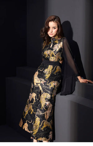 Ukiyo-e painted tiger pattern jacquard soft satin, retro split-ended cheongsam - Yandan_Hanfu