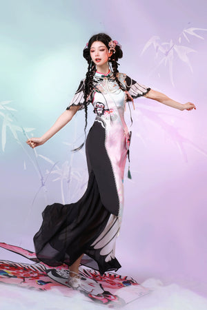 Blush Kite Qipao – Layered Faux Two-Piece Cheongsam in Modern Hanfu Style - Yandan_Hanfu